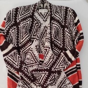 Knox Rose Geometric Open-Front Cardigan in Black, Cream & Coral
